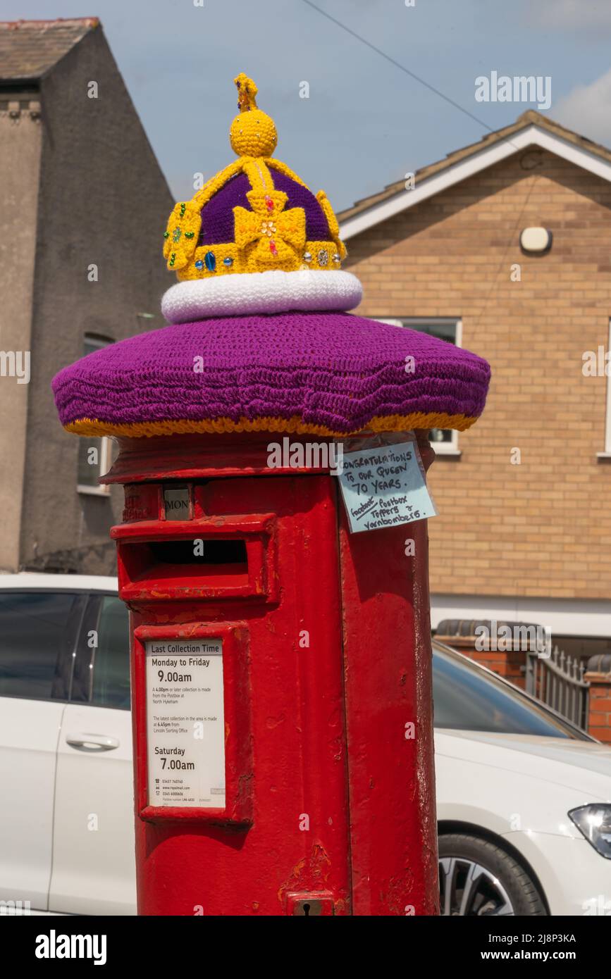 Red, postbox, post box, crocheted, Royal Mail, woolly hats, hand