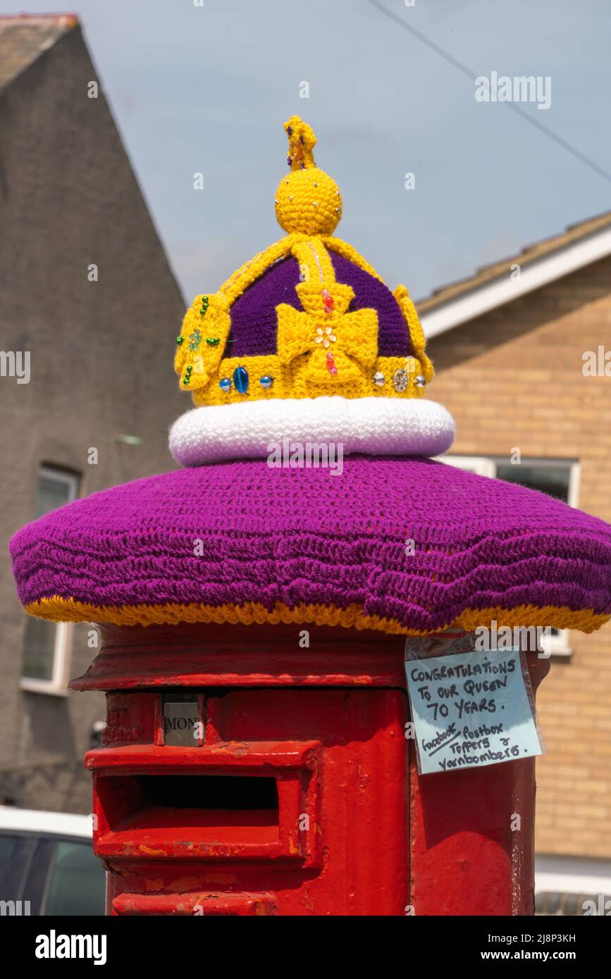Red, postbox, post box, crocheted, Royal Mail, woolly hats, hand