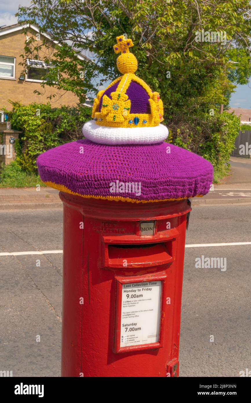 Red, postbox, post box, crocheted, Royal Mail, woolly hats, hand