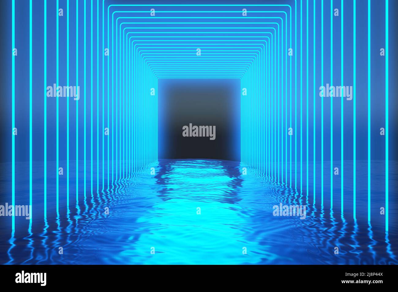 corridor of blue neon lines over the water. 3d rendering Stock Photo ...