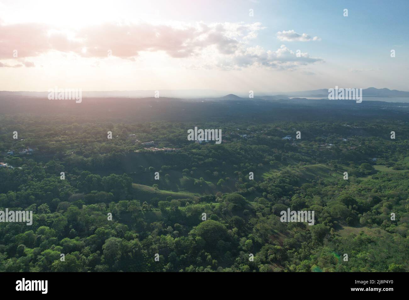 Beautiful green valley landscape in Managua Nicaragua aerial drone view Stock Photo