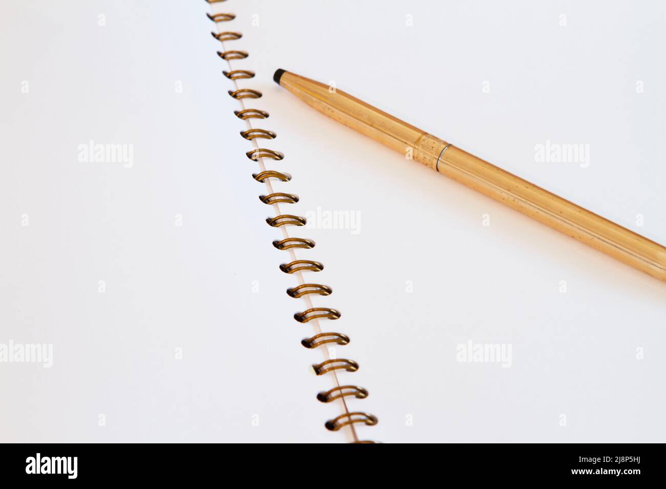 Gold pen on blank page of spiral-bound journal. Stock Photo