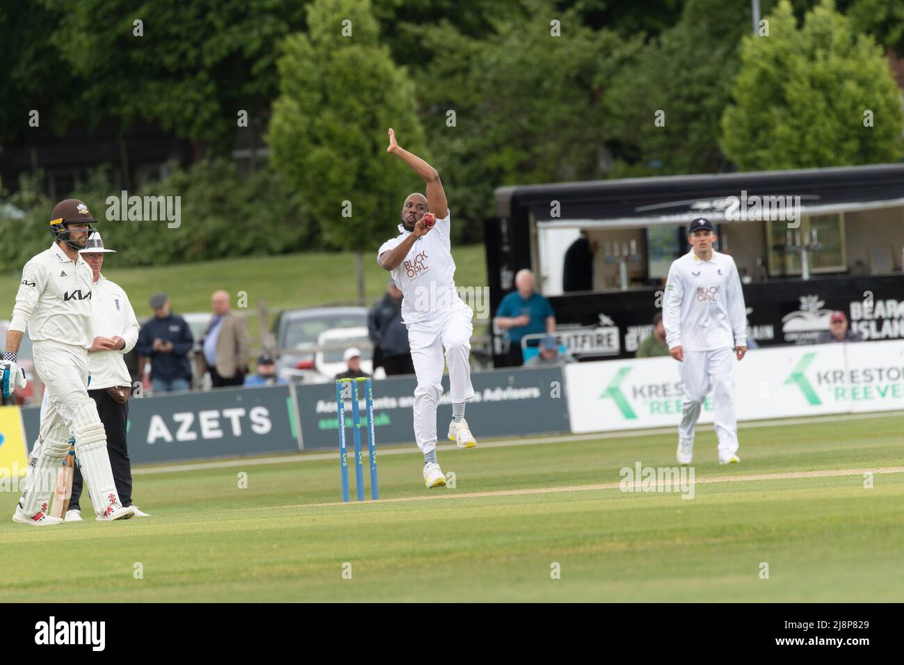 Daniel Bell-Drummond bowling for Kent against Surrey at the Kent County Cricket Ground in Beckenham, Kent Stock Photo