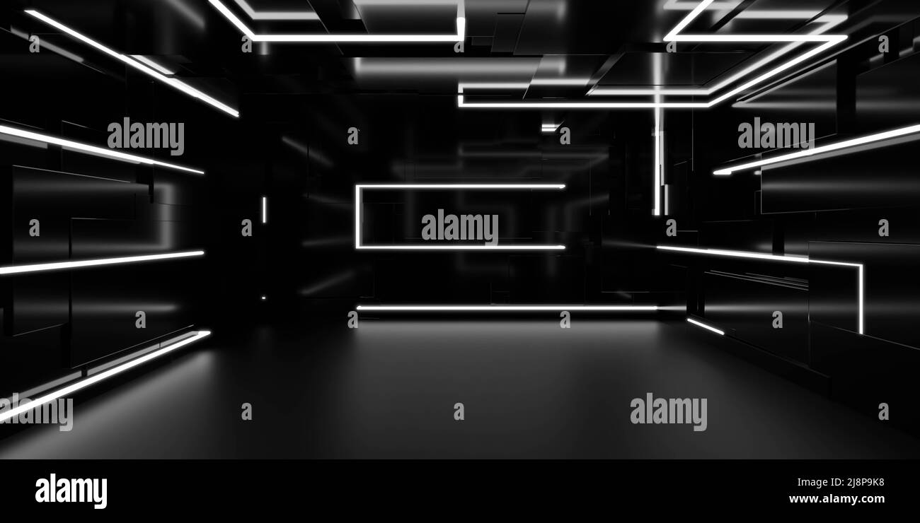 dark black studio futuristic light interior with metallic reflections ...