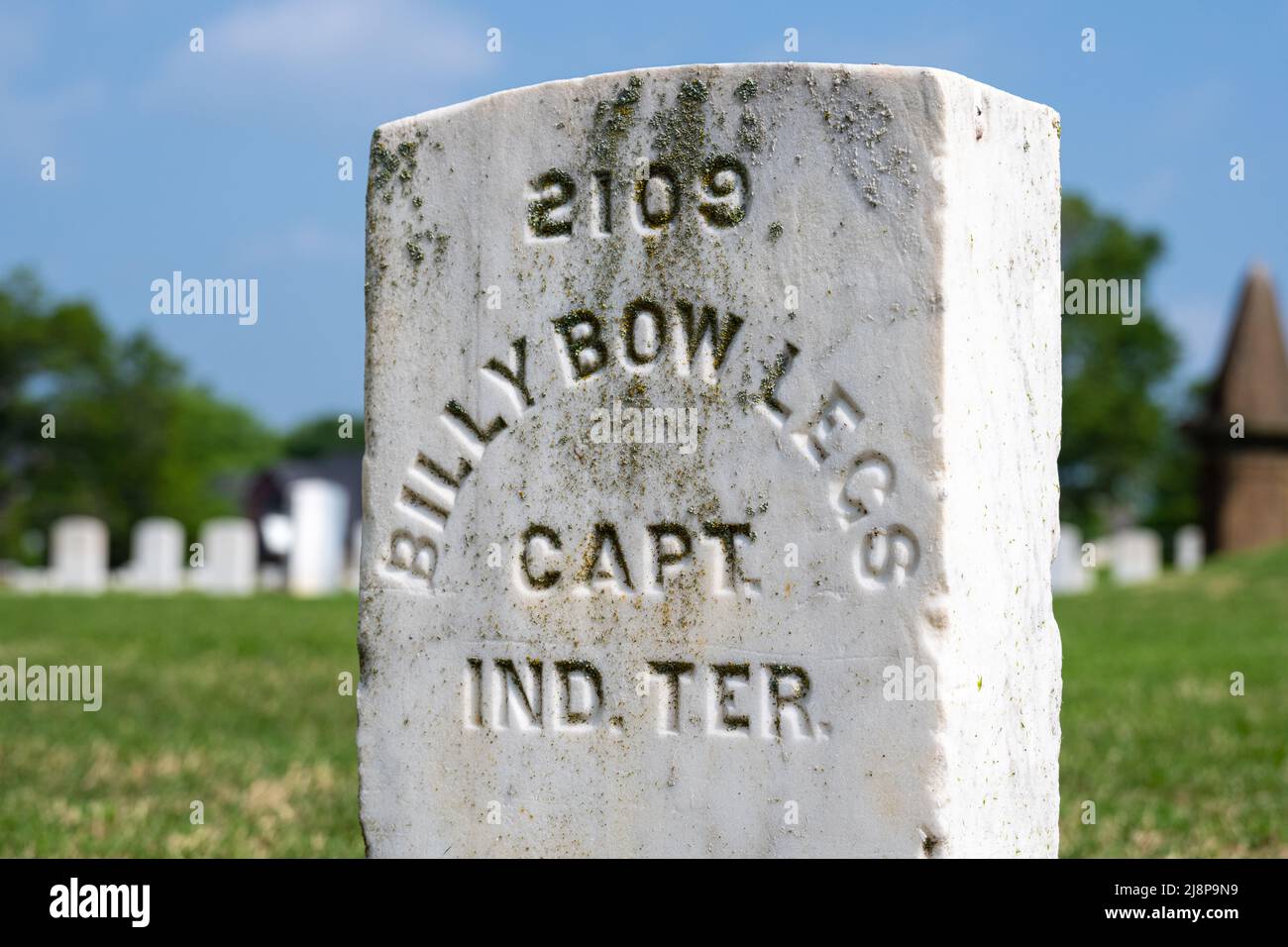 Tombstone of Billy Bowlegs (Sonuk Micco), a Seminole Union Army Captain in the Civil War, at Fort Gibson National Cemetery in Oklahoma. (USA) Stock Photo