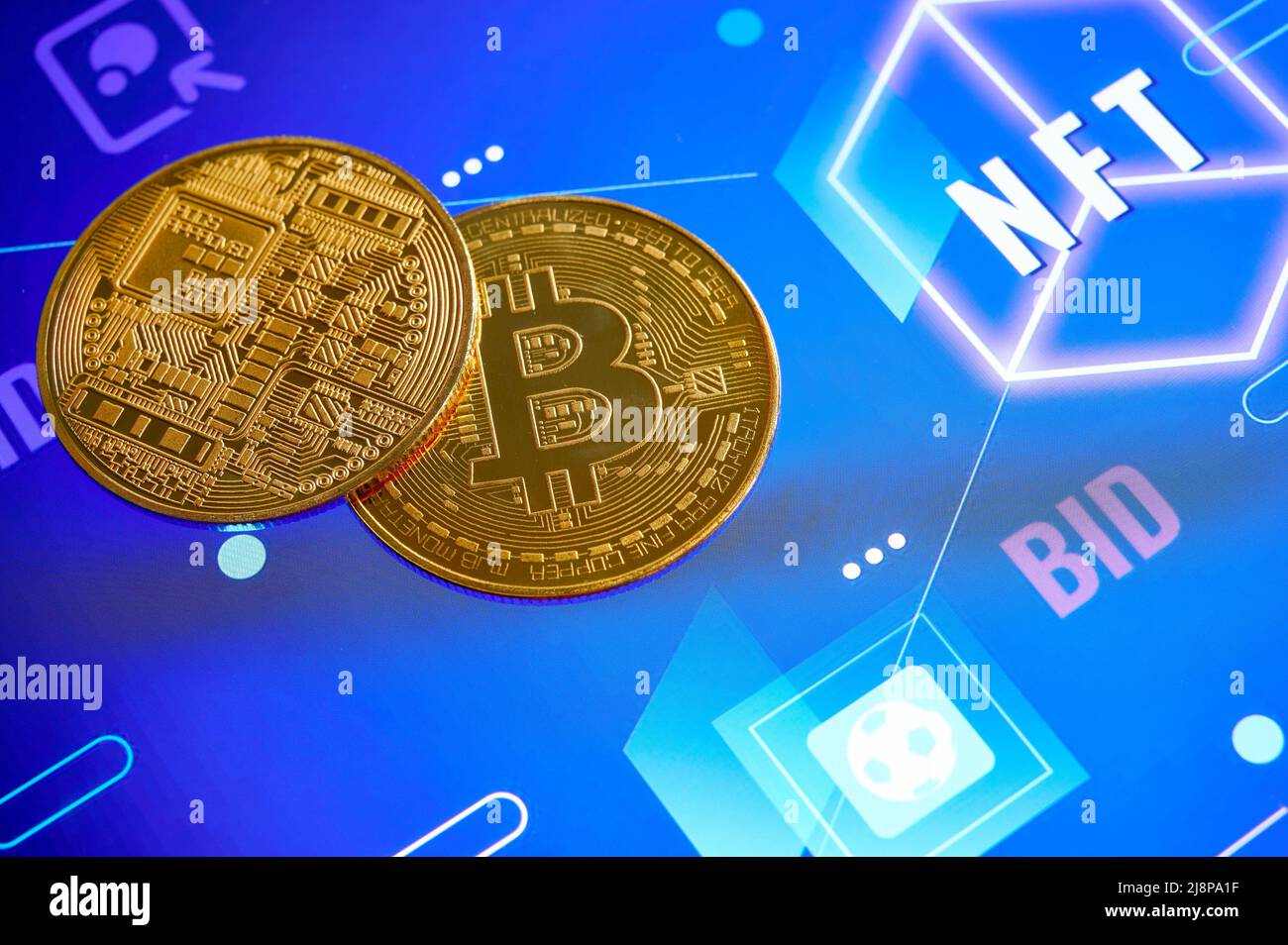 NFT Crypto art golden coin in hand abstract concept Stock Photo - Alamy