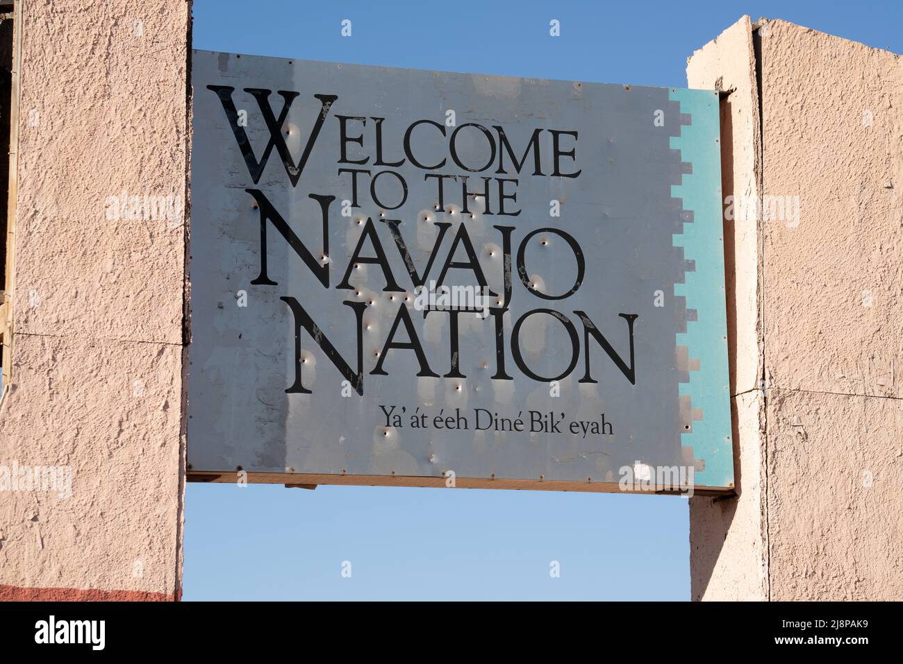 Four Corners, AZ - October 10, 2021: Navajo Nation Welcome sign at the Four Corners Monument on Navajo tribal land Stock Photo