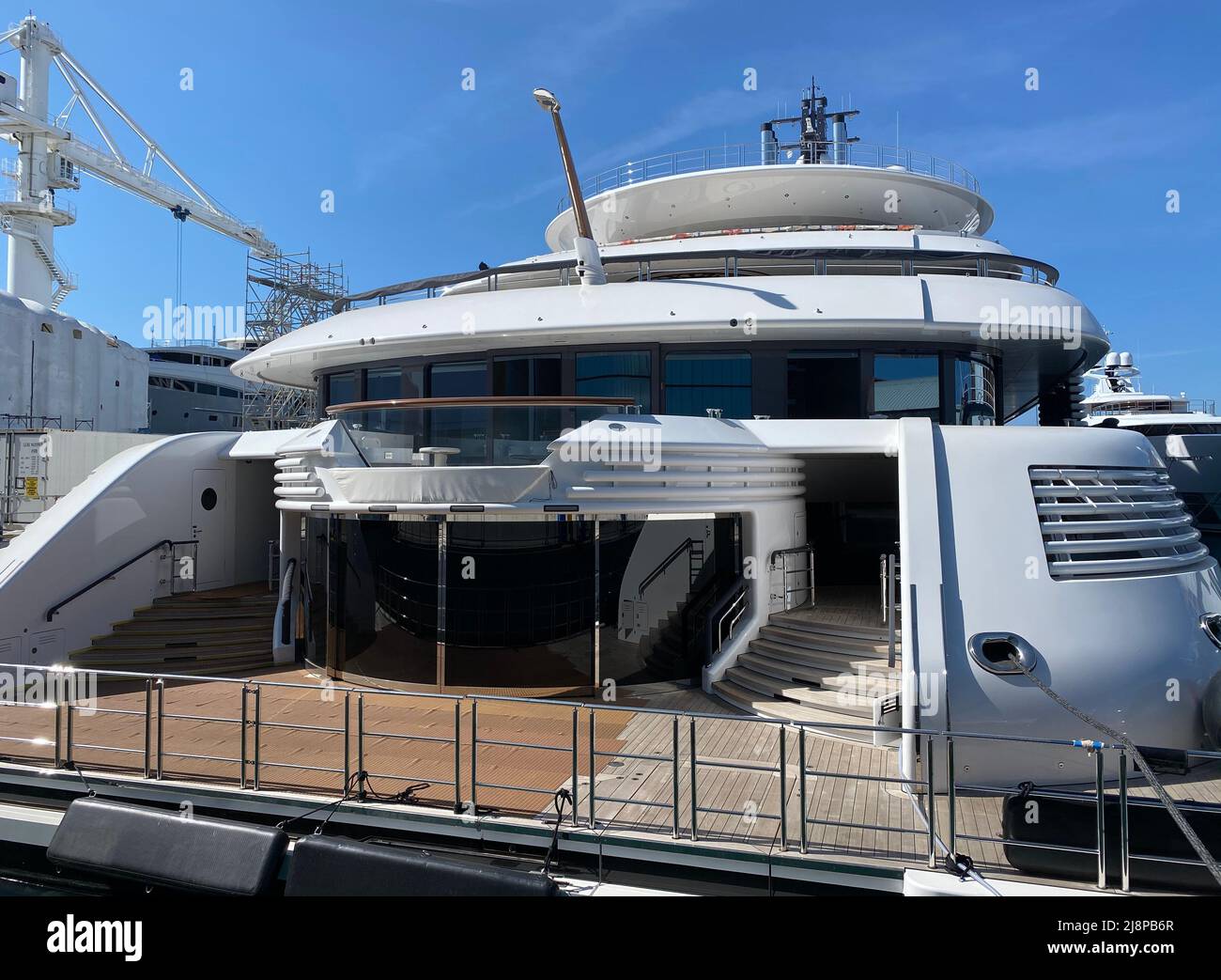 AJAXNETPHOTO. 13TH MAY, 2022. MARINA DI CARRARA, ITALY. - ARABIAN NIGHTS SUPERYACHT - SCHEHERAZADE, ONE OF THE WORLD'S LARGEST LUXURY SUPERYACHTS BUILT BY LURSSEN OF GERMANY AT A COST OF APPROX $700MILLION. THE SHIP IS 459FT (138M) LONG, HAS SIX DECKS, TWO HELIPADS, 4 RADAR INSTALLATIONS AND DECORATED THROUGHOUT WITH GOLD-PLATED AND MARBLE ARTIFACTS. THE SHIP FLIES THE CAYMAN ISLANDS FLAG BUT OWNERSHIP IS CURRENTLY UNKNOWN. VESSEL WAS SEIZED BY ITALIAN AUTHORITIES IN EARLY MAY.PHOTO:AJAX NEWS PHOTOS REF:DTF221305 2888 Stock Photo