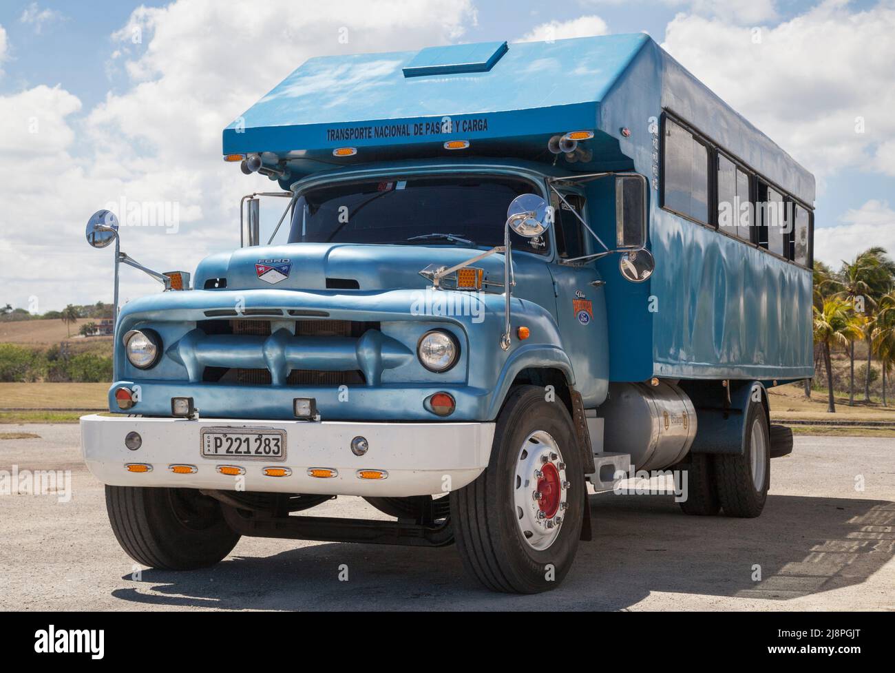 1950s Ford Camion truck bus, Cuba. Due to the embargo vintage trucks are repurposed with bench seats as rudimentary public transport. Stock Photo