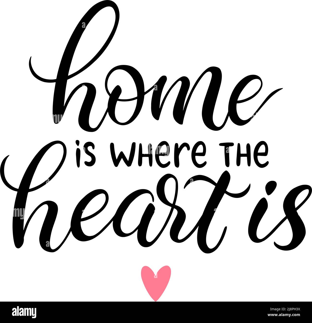 Home is where the heart is hand drawn calligraphy. Vector illustration. Motivational