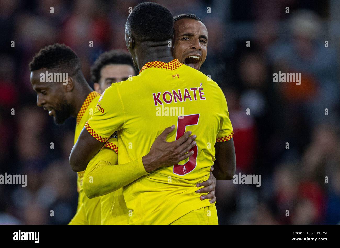 Southampton. 18th May, 2022. Liverpool's Joel Matip (R) celebrates with teammate Ibrahima Konate after scoring the winning second goal during the English Premier League match between Southampton and Liverpool in Southampton, Britain, on May 17, 2022. Credit: Xinhua/Alamy Live News Stock Photo