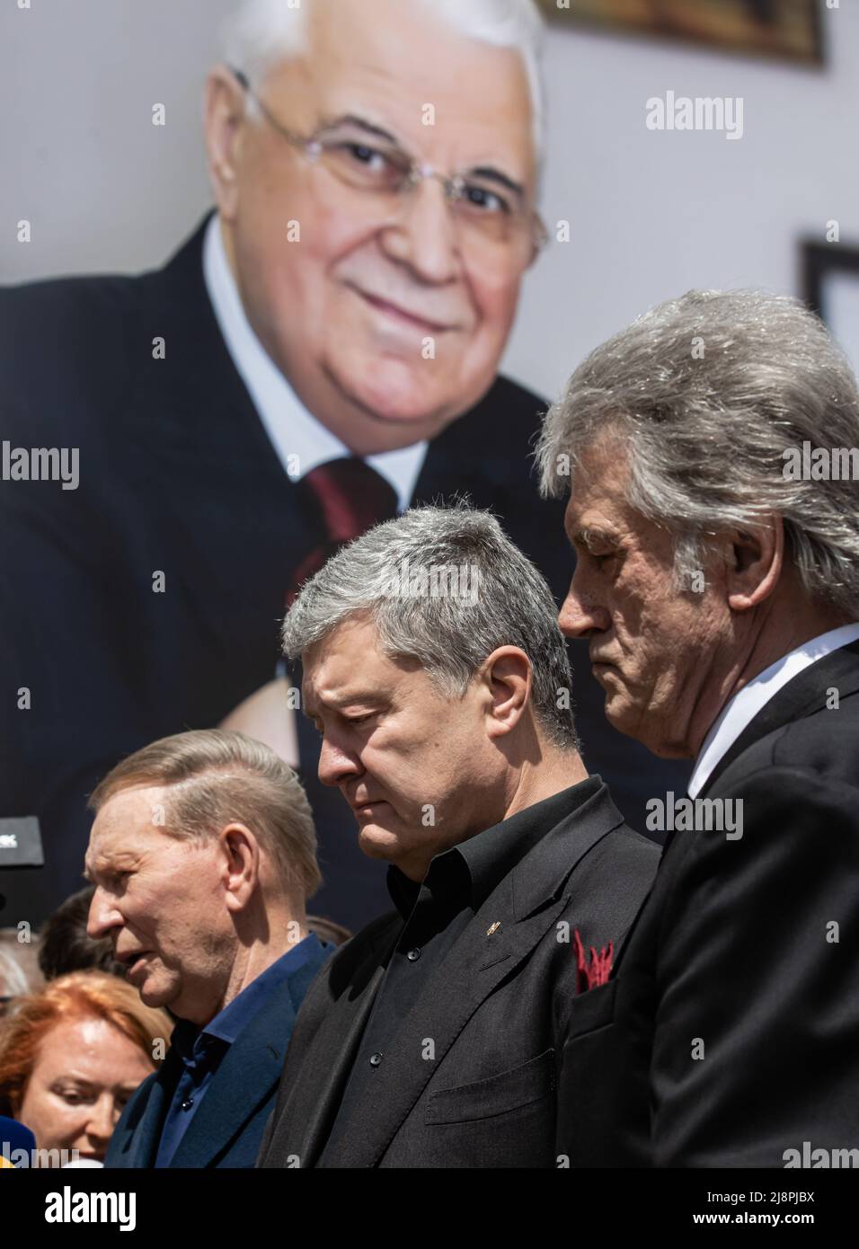 Kyiv, Ukraine. 17th May, 2022. (From L to R) Presidents of Ukraine of previous years Leonid Kuchma, Petro Poroshenko, and Viktor Yushchenko take part in the farewell ceremony. The first president of independent Ukraine, Leonid Kravchuk said goodbye in Kyiv. The farewell ceremony took place in the 'Ukrainian House', located on the European Square in the center of the capital. Credit: SOPA Images Limited/Alamy Live News Stock Photo