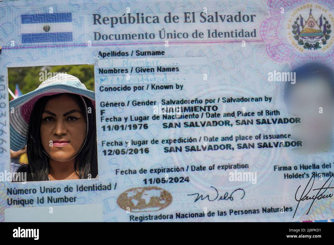 San Salvador, El Salvador. 17th May, 2022. A protestor holds up a sign