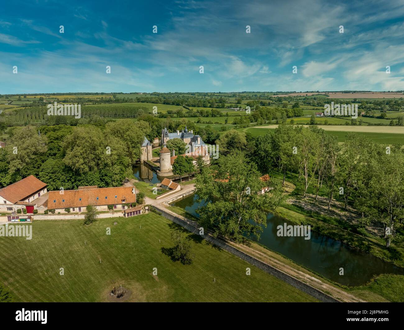 Aerial view of historic monument Bannegon castle in France on the