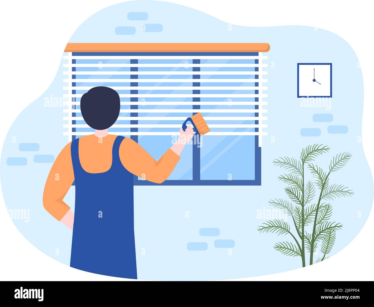 Mini Blinds Service Window and Curtains Treatment using Various Cleaning Tools or Home Interiors in Flat Cartoon Illustration Stock Vector