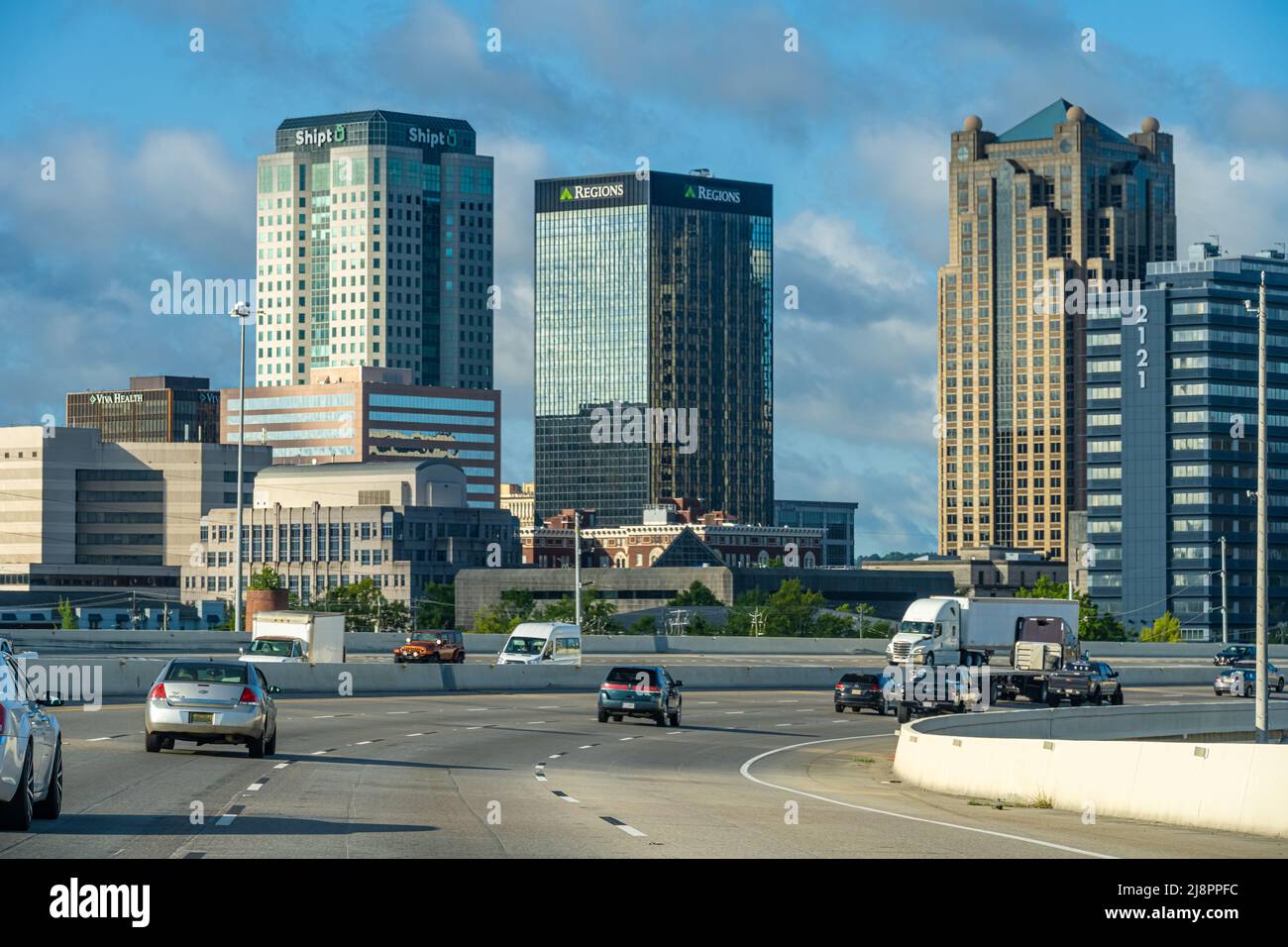Birmingham, Alabama city skyline from I-20 approaching downtown. (USA) Stock Photo