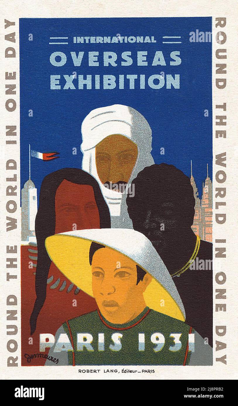 Vintage postcard advertising the 1931 International Overseas Exhibition in Paris. Stock Photo