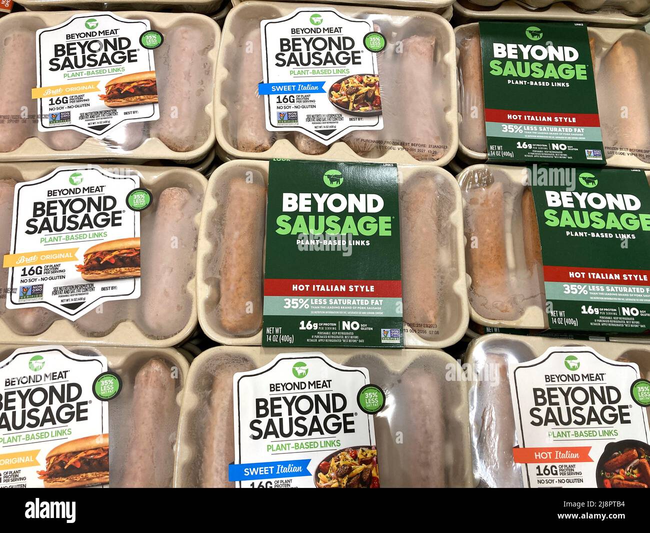 Beyond Meat brand plant-based various Beyond Sausage packages in the meat section of grocery store. - San Jose, California, USA - 2022 Stock Photo