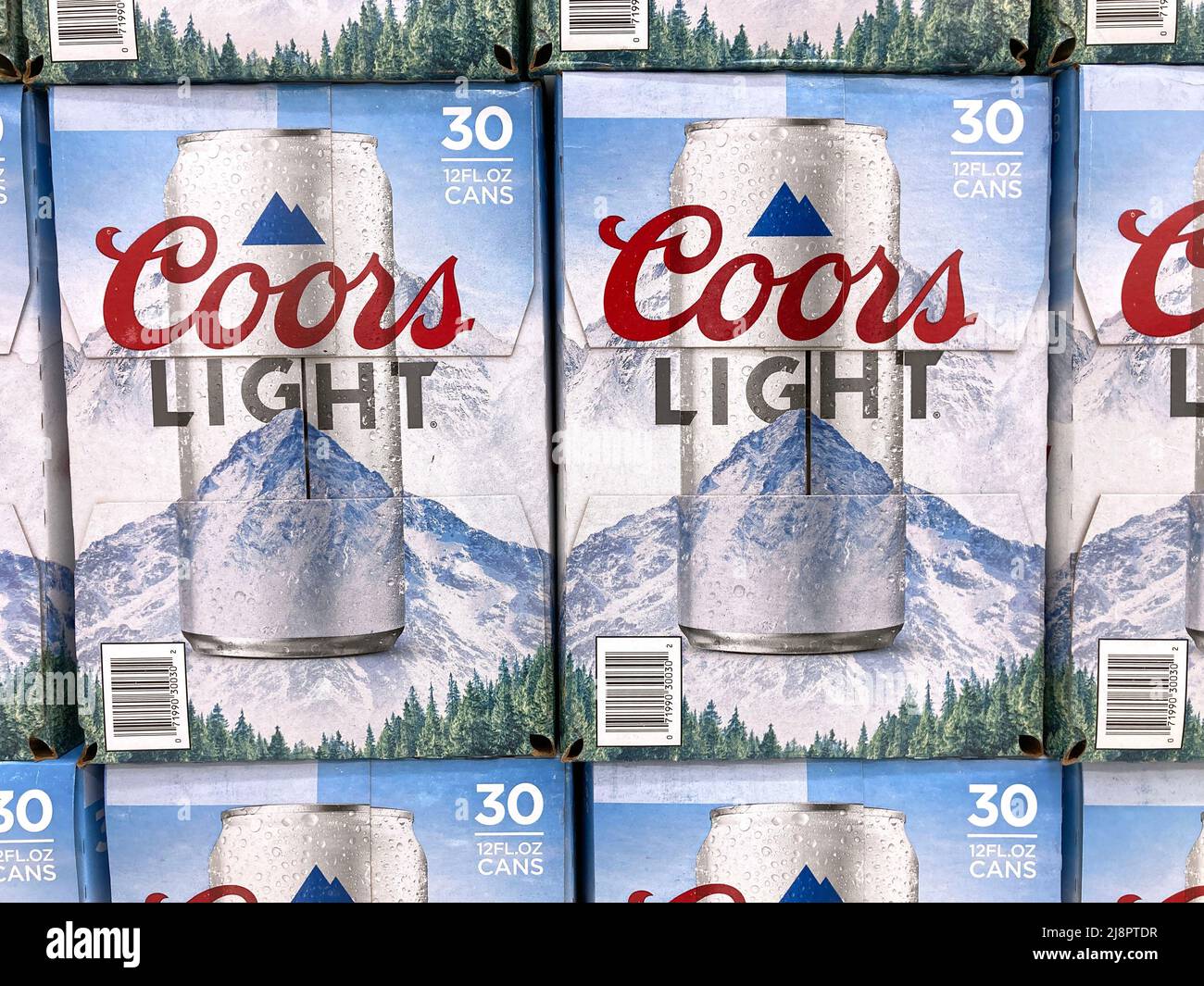 Coors Light 30 pack beer cans display at grocery store - Golden, Colorado, USA - 2022 Stock Photo