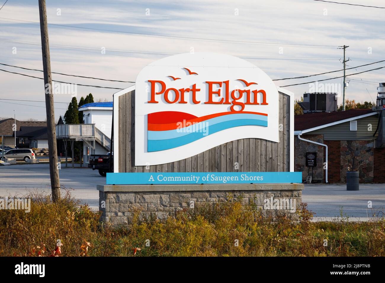 The gateway sign for the Community of Port Elgin in Saugeen Shores, Bruce County, Ontario, Canada. Stock Photo