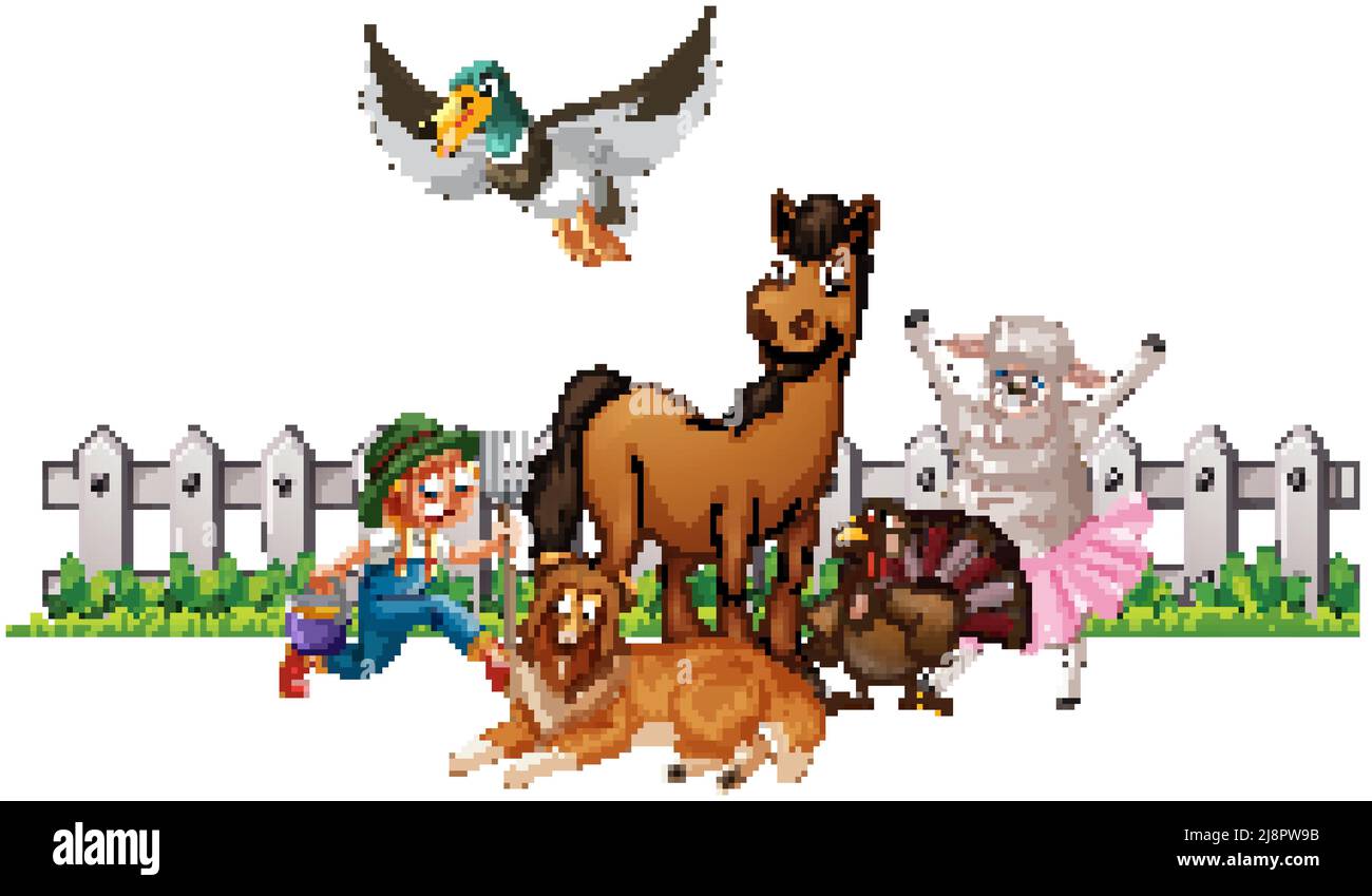 Many farm animals and farmer illustration Stock Vector Image & Art - Alamy