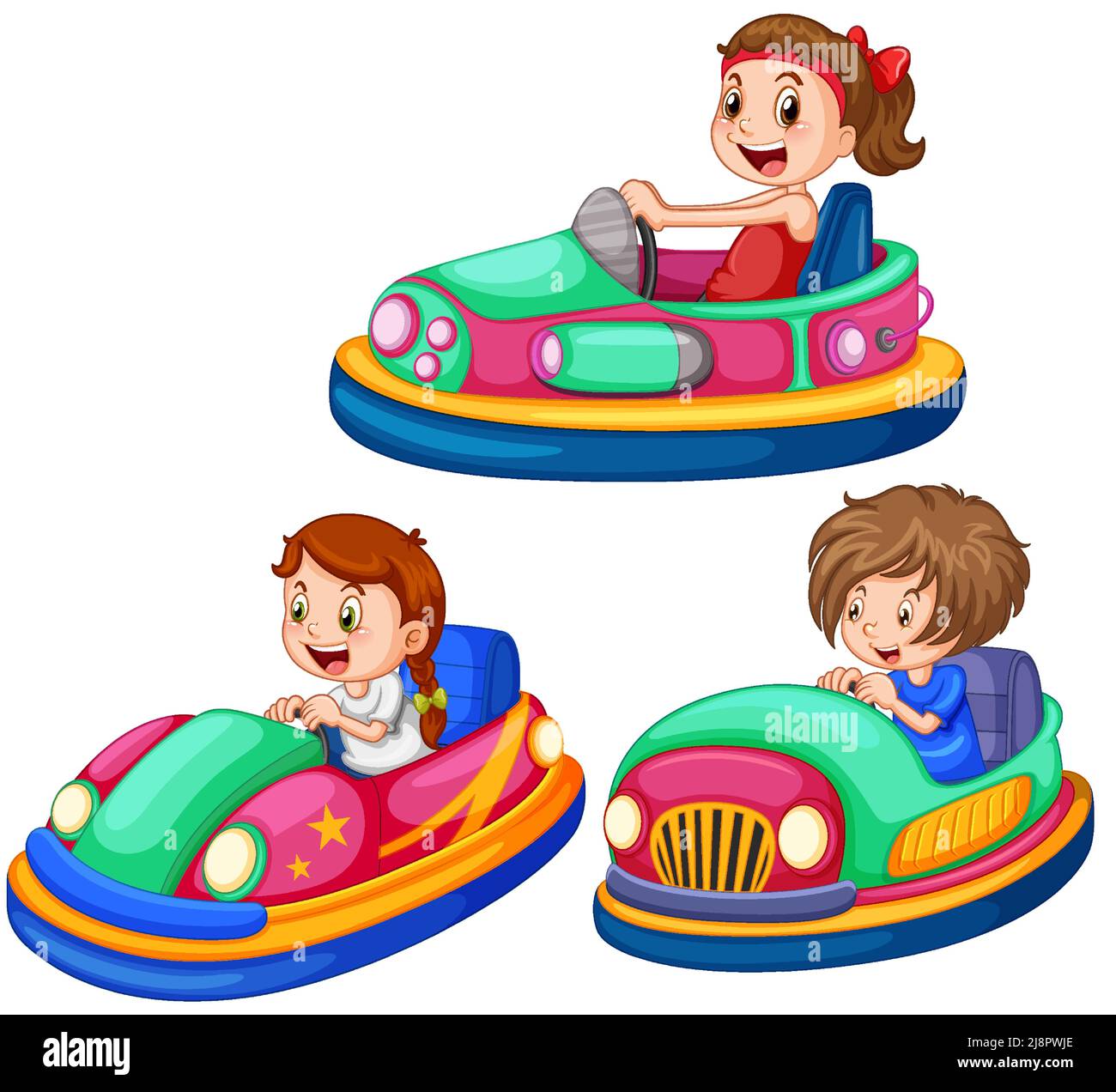 Set of different kids driving bumper cars in cartoon style illustration ...