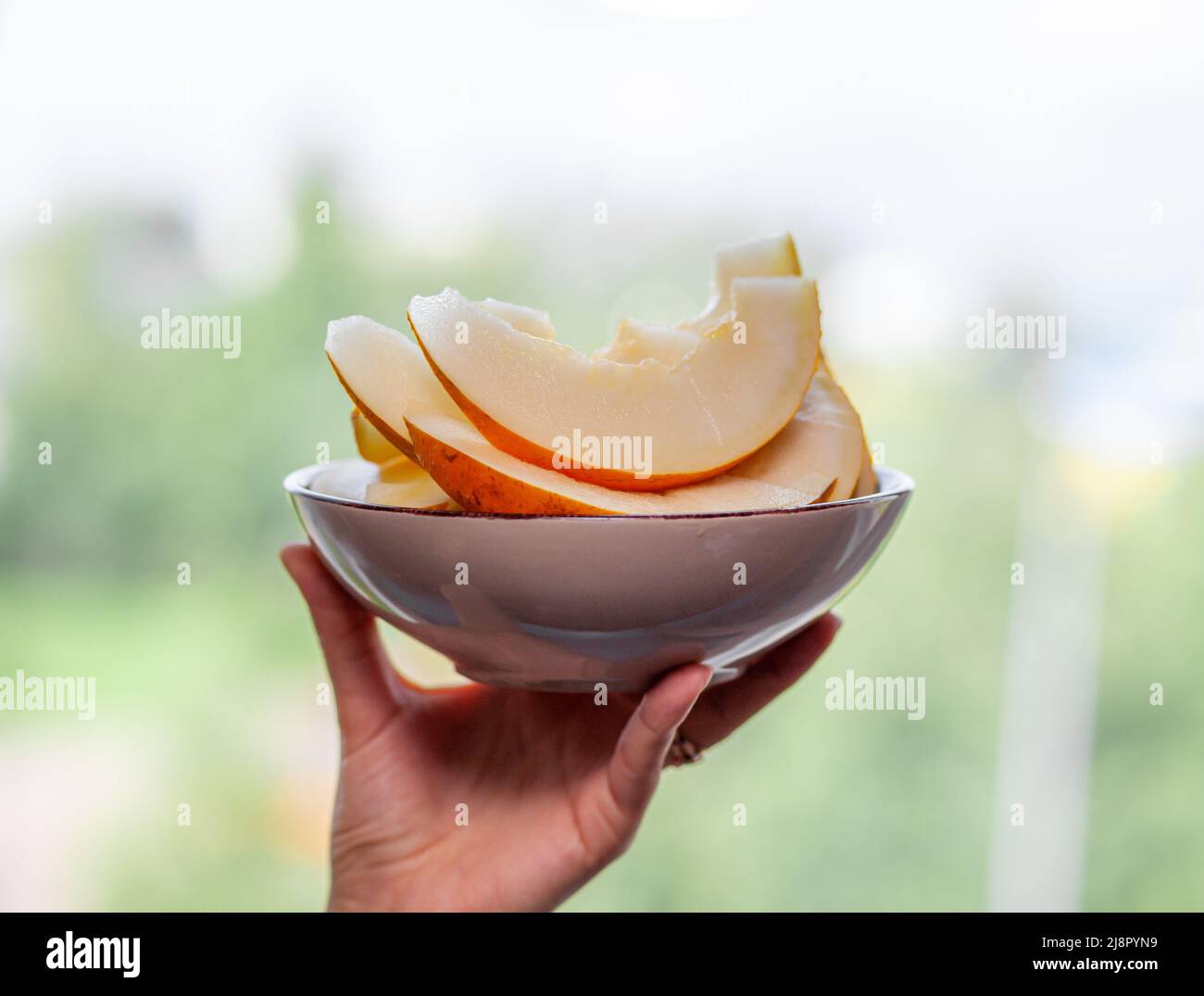 Ripe, delicious and sweet melon cut into slices in a plate. Healthy organic food for a snack and