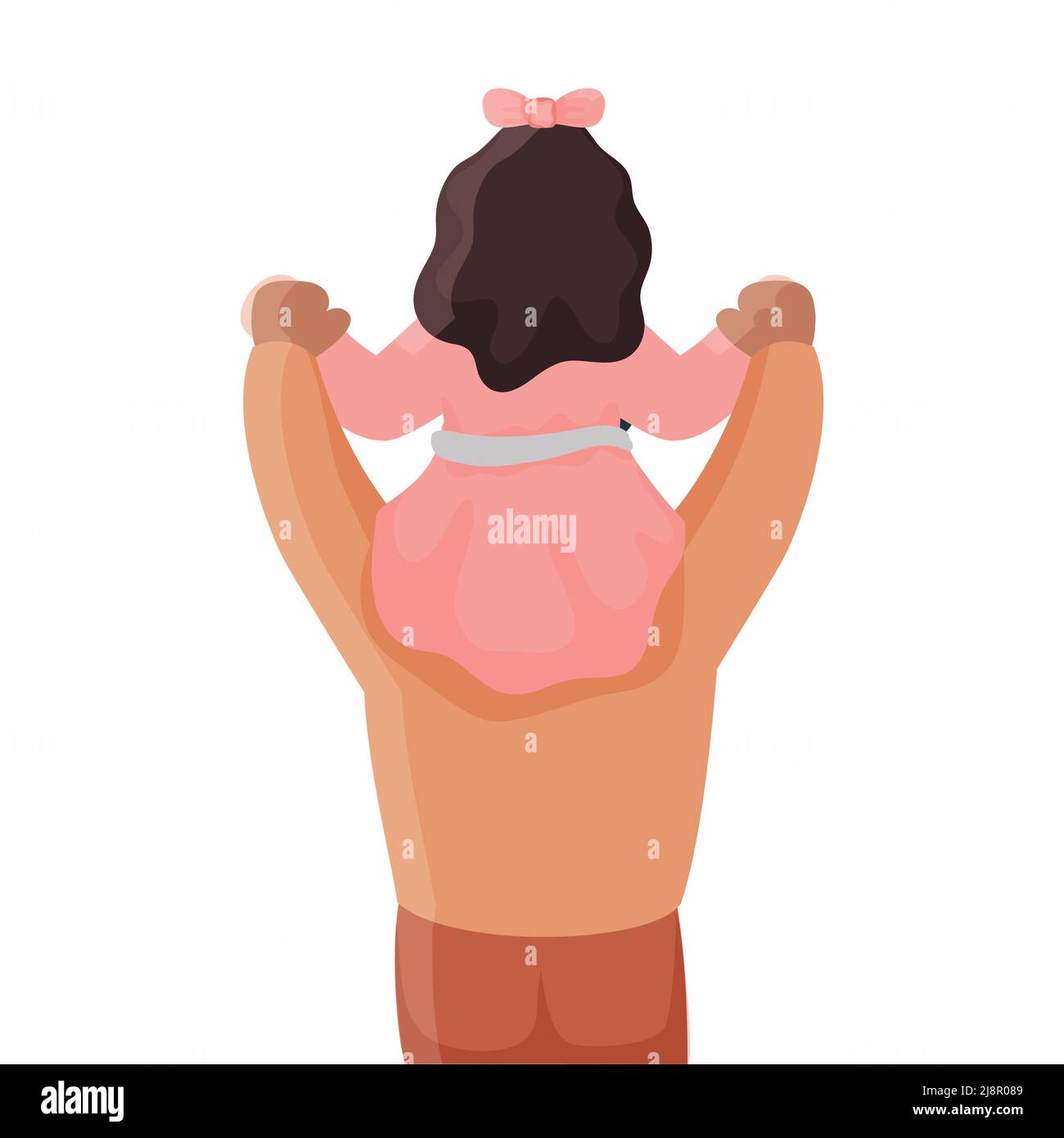 Back View Girl Sitting On Shoulder Of Her Father Against White Background. Stock Vector