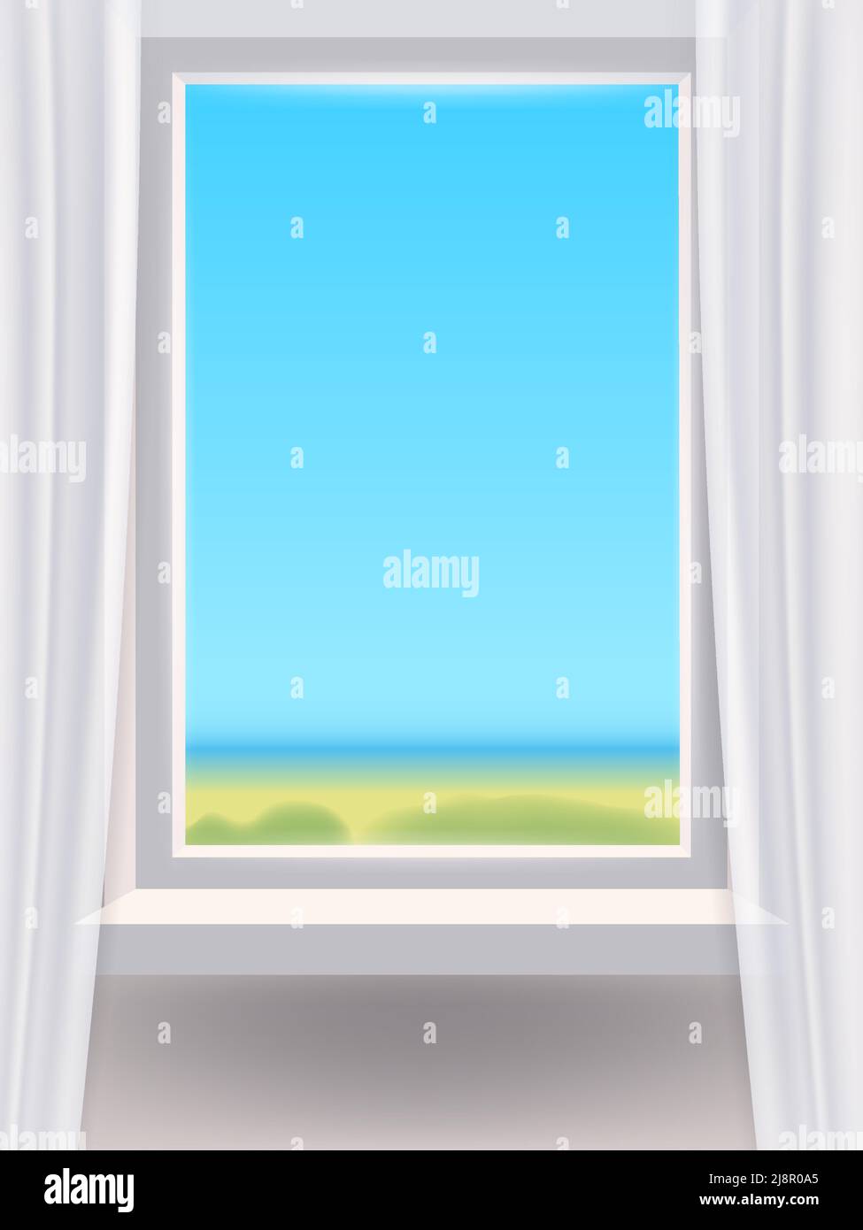 Window in interior, view on landscape, spring, curtains. Vector ...