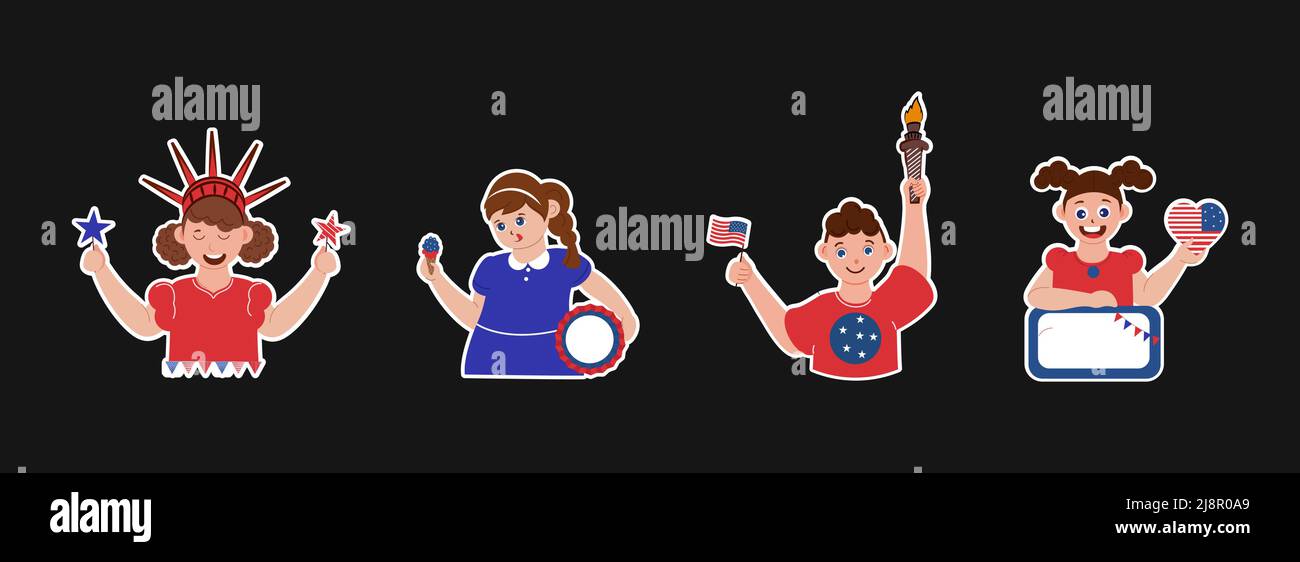 Sticker Style Boy And Girl Showing Firecrackers, Flaming Torch And Flag Heart For American Day Or Event. Stock Vector