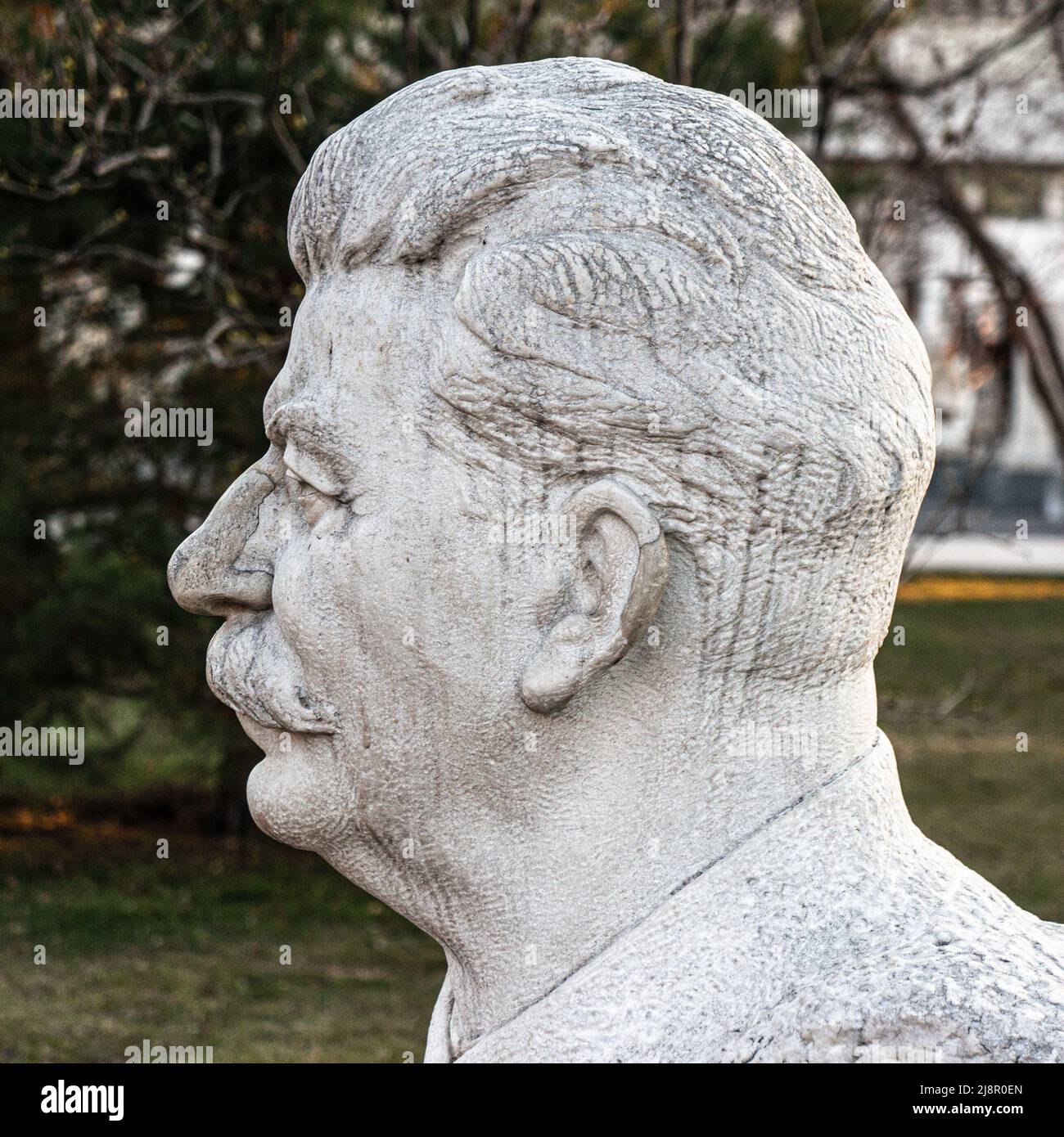 MOSCOW, RUSSIA - March 24, 2020 Side angle view of marble bust of Joseph Vissarionovich Stalin, in Fallen Monument Park. Stock Photo