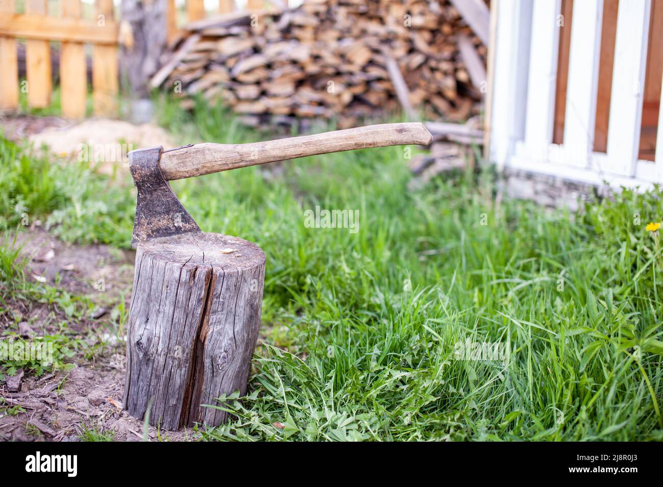 Village life. An axe in a stump or log for chopping firewood. The wood chopper sticks out in wooden hemp. Deforestation by a sharp axe. Rusty but very Stock Photo