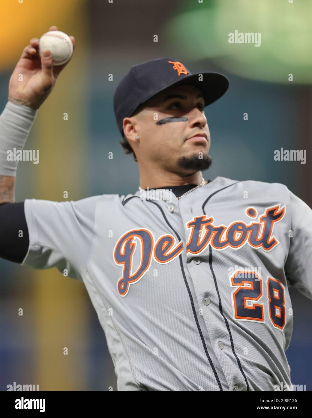 St. Petersburg, United States. 17th May, 2022. St. Petersburg, FL. USA;  Detroit Tigers shortstop Javier Baez (28) throws a ball to fans during a  major league baseball game against the Tampa Bay