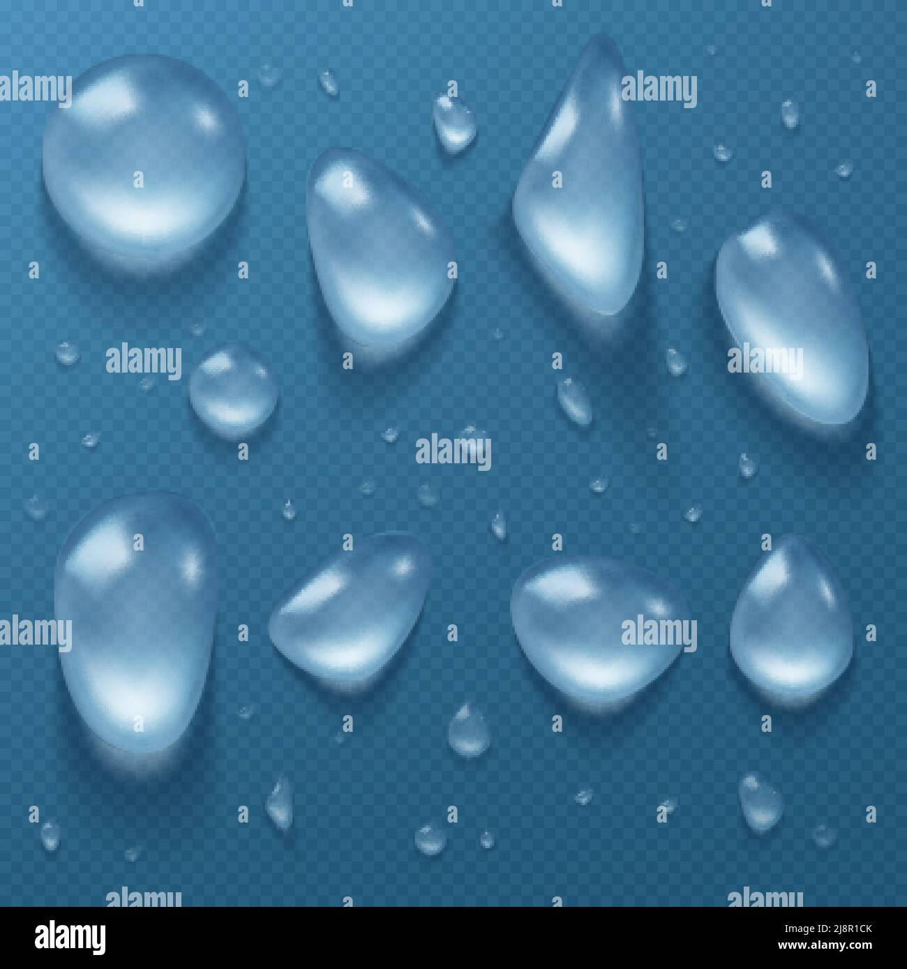 Water drops, clear dews of different shapes and sizes, dripping ...