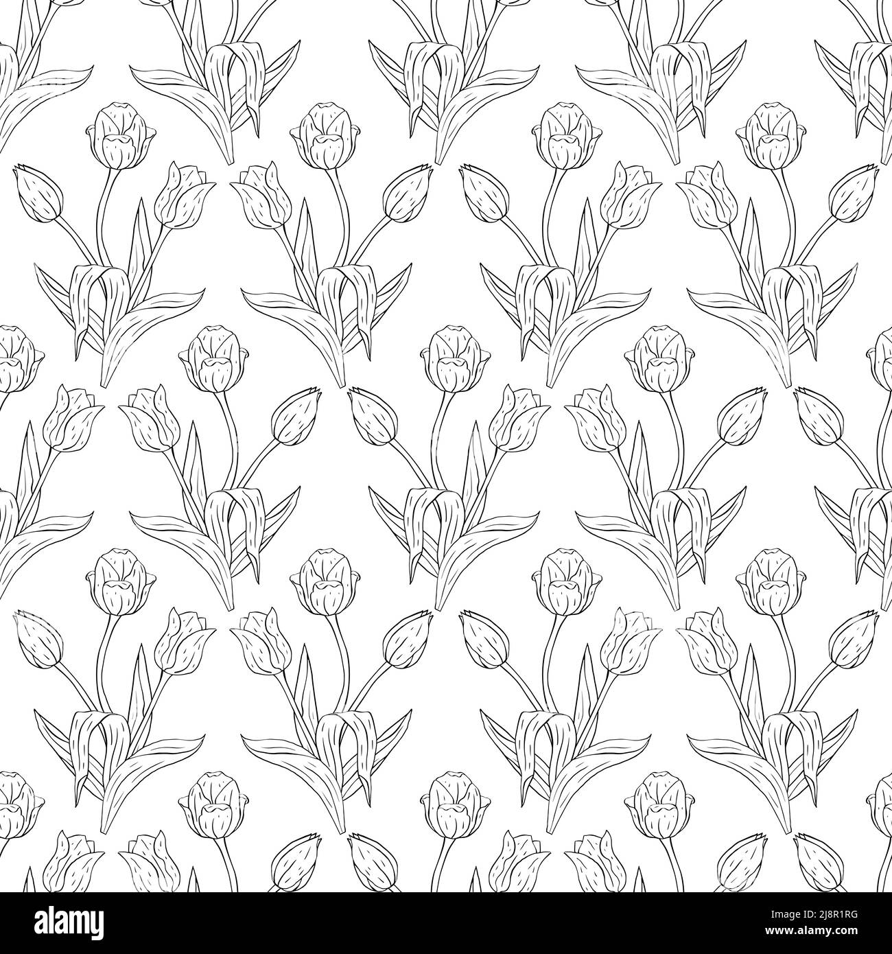 Monochrome black and white vintage seamless pattern with line art ...
