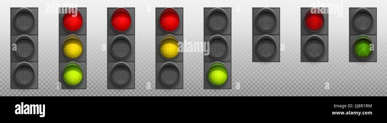Traffic lights with red, yellow and green led lamps. Road semaphore, signal system for safety driving control. Vector realistic set of traffic regulat Stock Vector