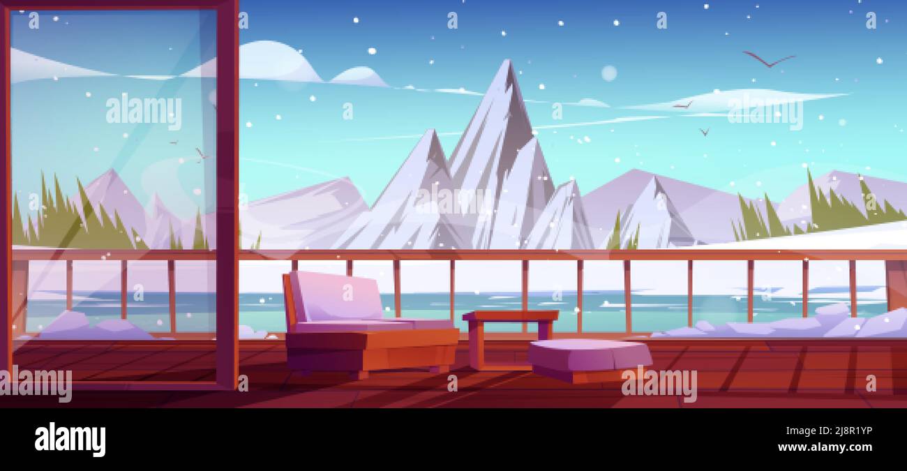 Wooden terrace with winter mountain and frozen lake view. Home, villa or hotel area with sofa and ottoman stand on patio with scenery rocky nature lan Stock Vector