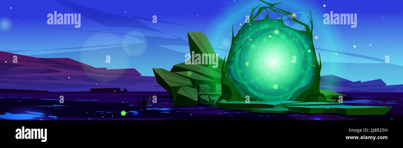 Magic portal, teleport to alien world. Vector game background with cartoon  illustration of winter landscape with fantastic energy door in wooden frame  Stock Vector Image & Art - Alamy