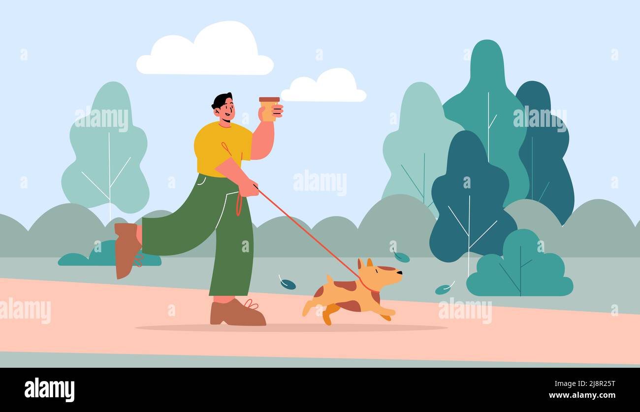Man walk with dog on leash in park. Vector flat illustration of happy ...