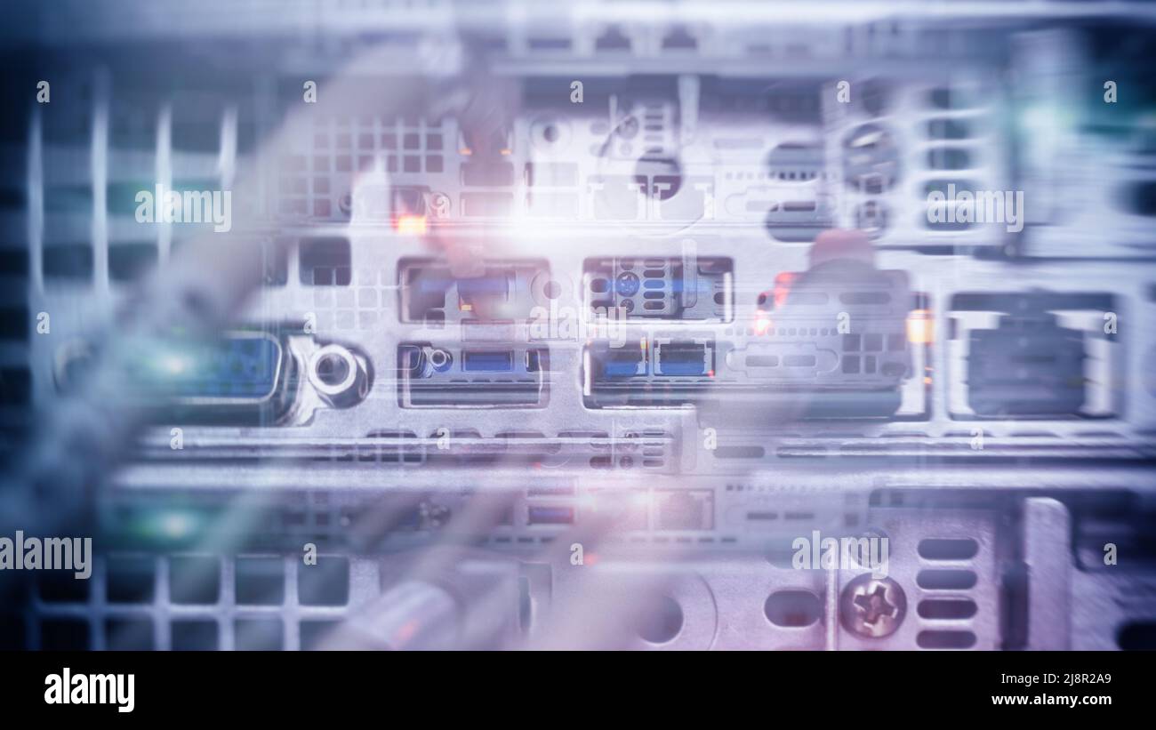 Double Exposure Server Rack Optic and hub close up Stock Photo
