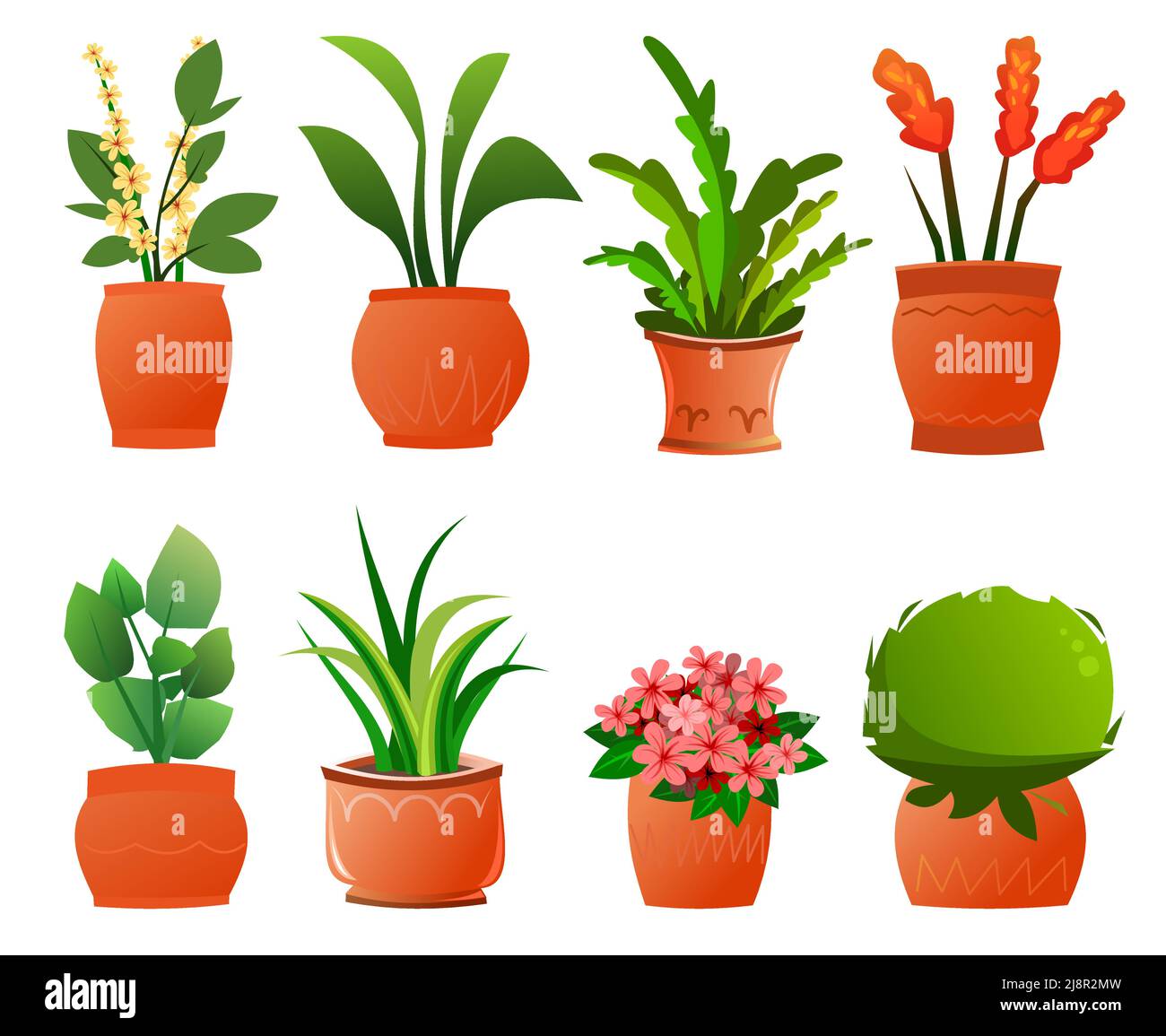 Set of Indoor plants and flowers. In ceramic pots. Homemade beautiful herbs. Isolated on white background. Cartoon fun style. Vector. Stock Vector