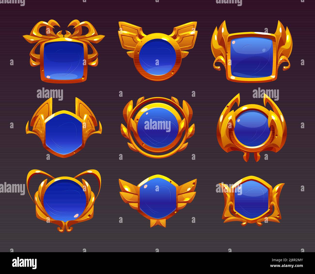 Blue award badges with gold frames. Fantasy emblems for win in game ...