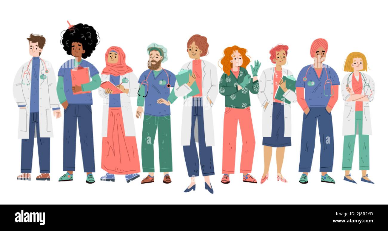 Doctors and nurses team. Diverse people in medical uniform with