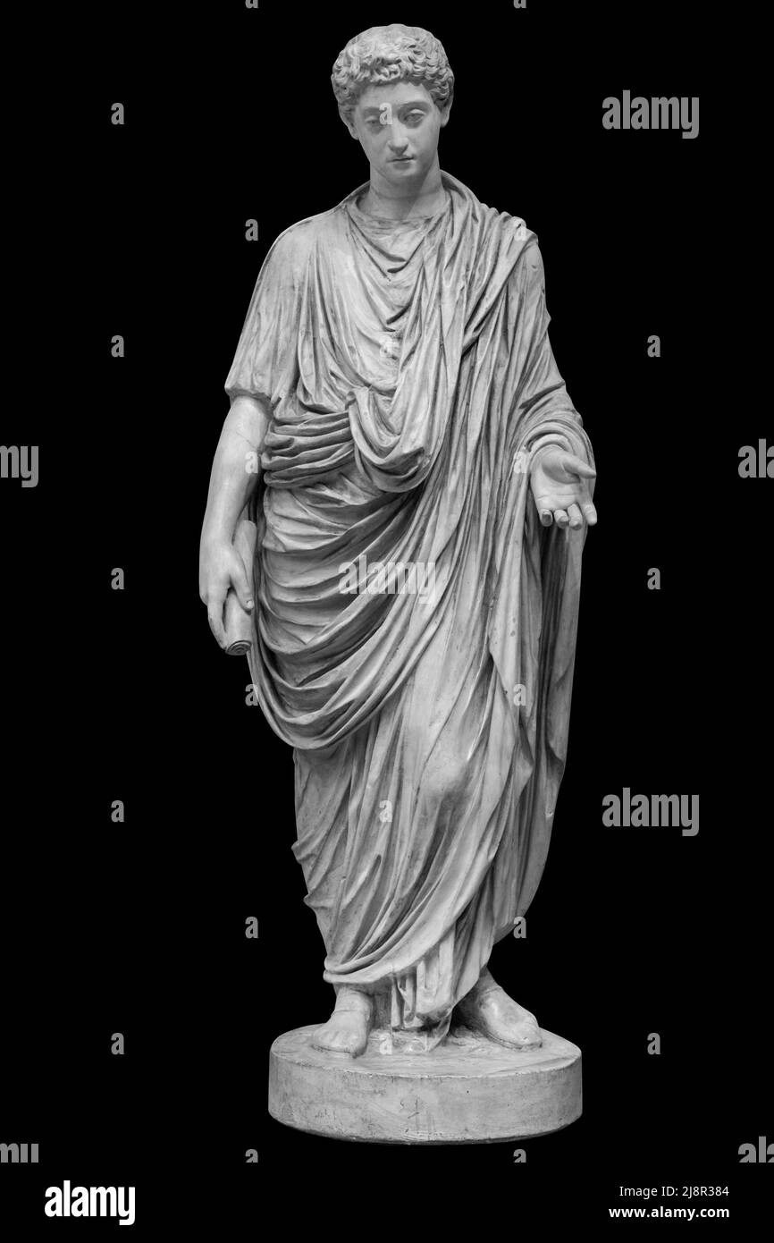 Young roman emperor Commodus statue isolated over black background. Lucius Aurelius Commodus reign is commonly considered to mark the end of the Stock Photo