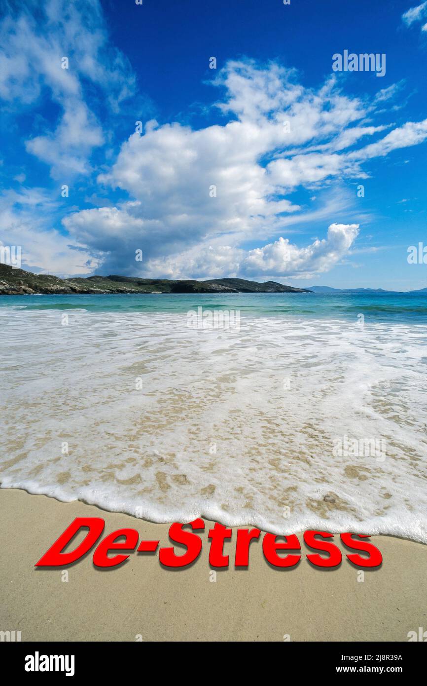Concept image - to illustrate washing away stress by taking a relaxing seaside vacation as waves on a sandy beach wash away the word 'de-stress'. Stock Photo