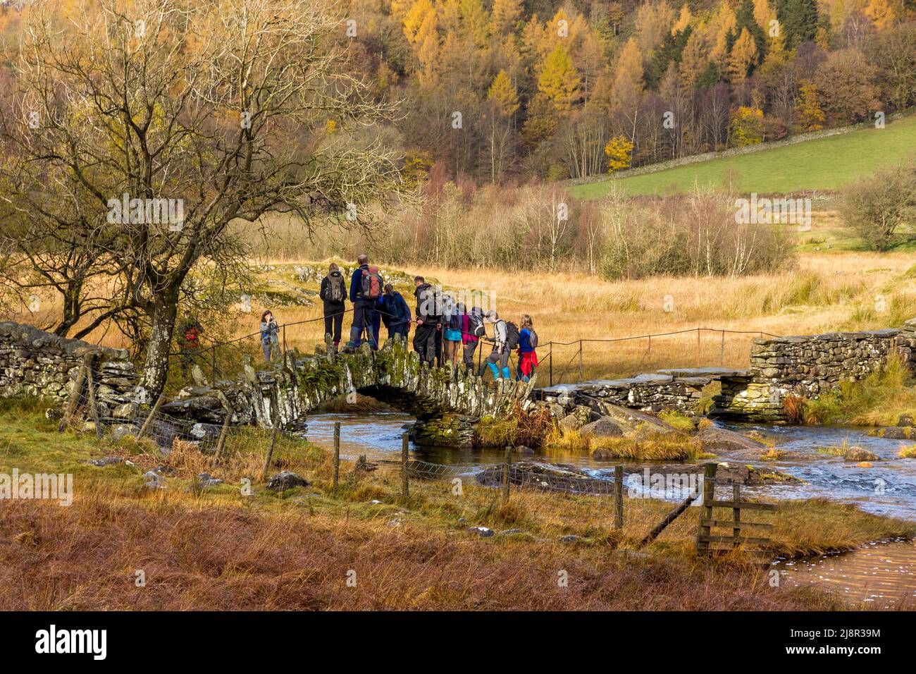 Walkers assemble for group photograph on Slater Bridge, Little Langdale, Lake District, Cumbria, England, UK Stock Photo