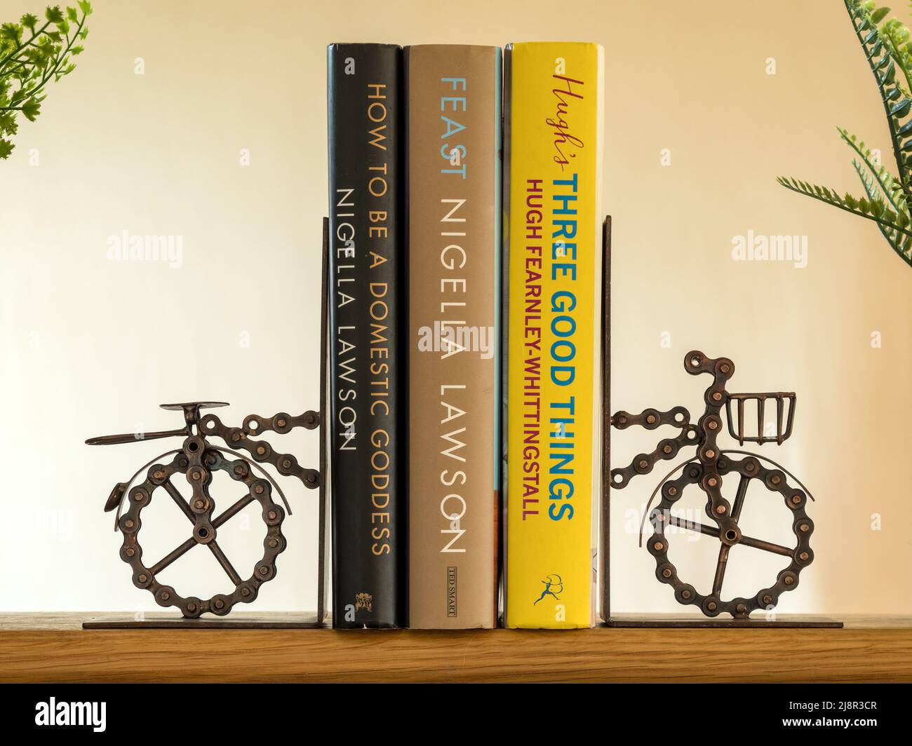 Novelty bicycle bookends made from a bicycle chain supporting 3 cookbooks on Kitchen shelf Stock Photo
