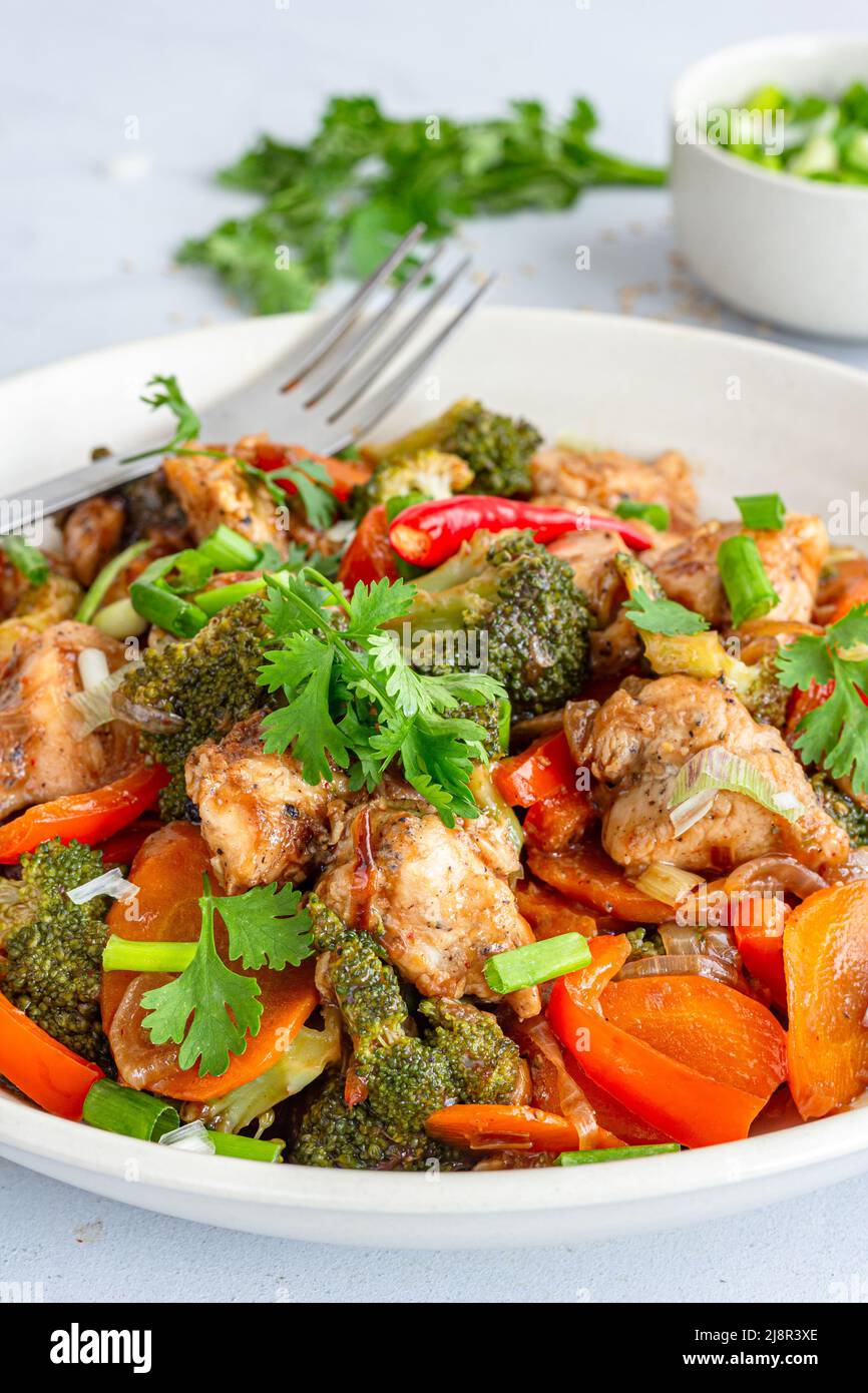 Chicken Stir Fry with Fresh Veggies in a Bowl Close Up Asian Healthy Food Photo Stock Photo Alamy