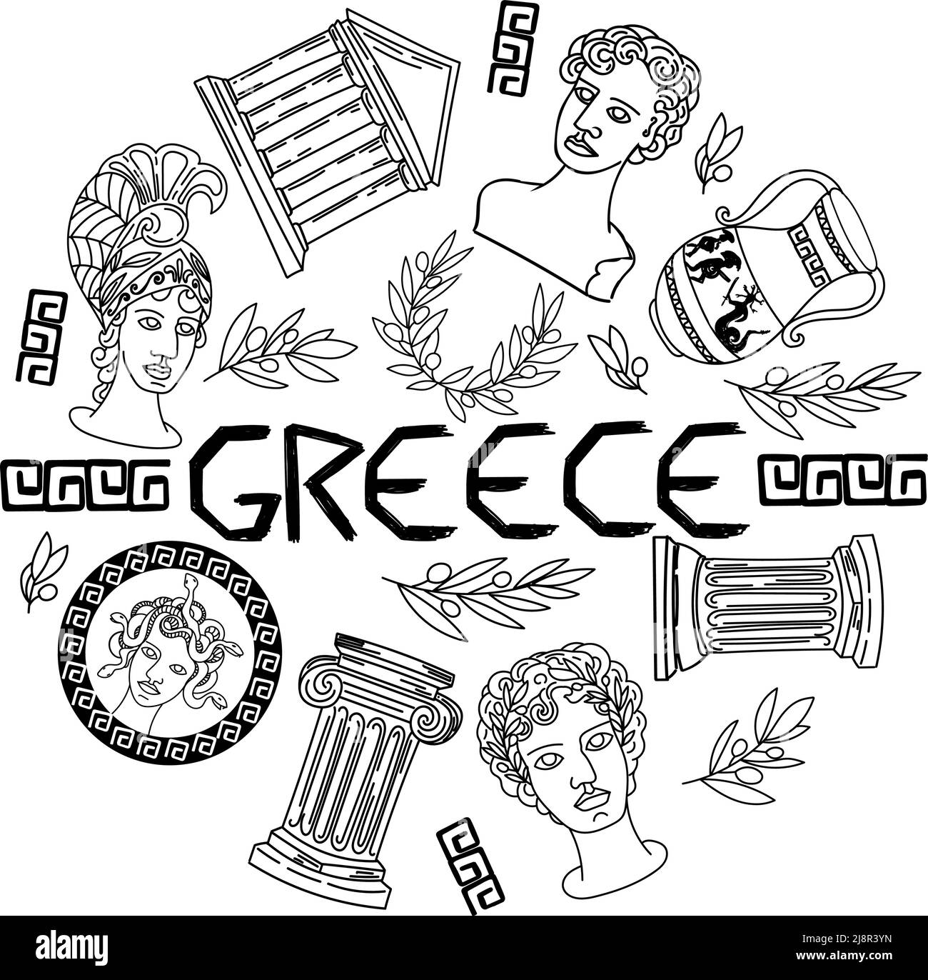 Set of ancient elements of Ancient Greece and Rome, hand-drawn doodle in sketch style. Gorgon Medusa. Head of Perseus, vase with exploit, laurel wreat Stock Vector