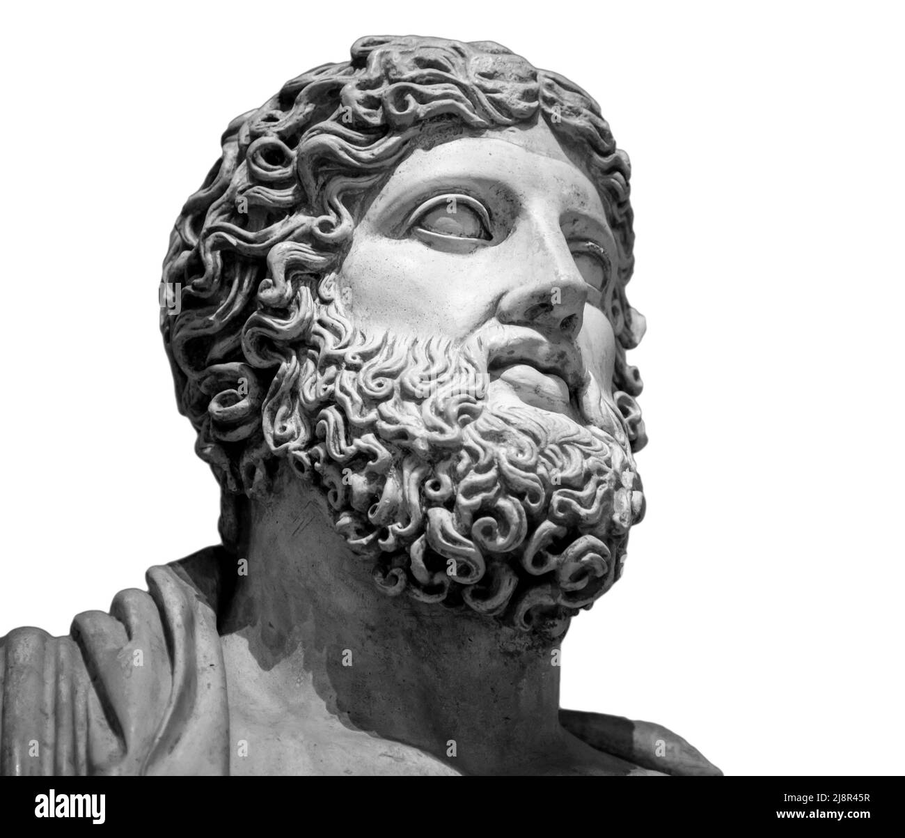 Head and shoulders detail of the ancient sculpture. Isolated on white